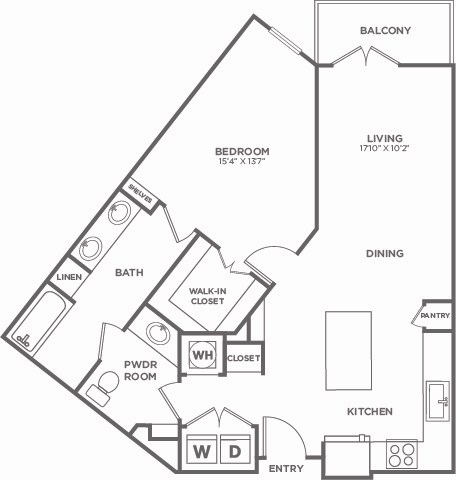 A black and white image of a house floor plan with a balcony, bedroom, bathroom, living room, dining room, pantry, kitchen, and a walk-in closet.